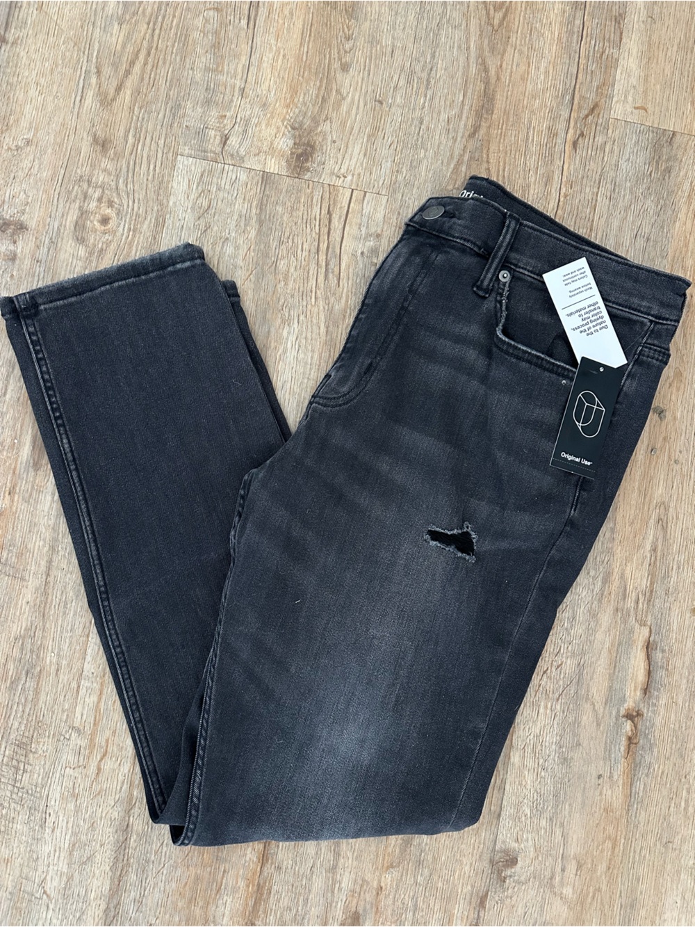Original Use Men's Washed Black Distressed Slim Taper Jeans